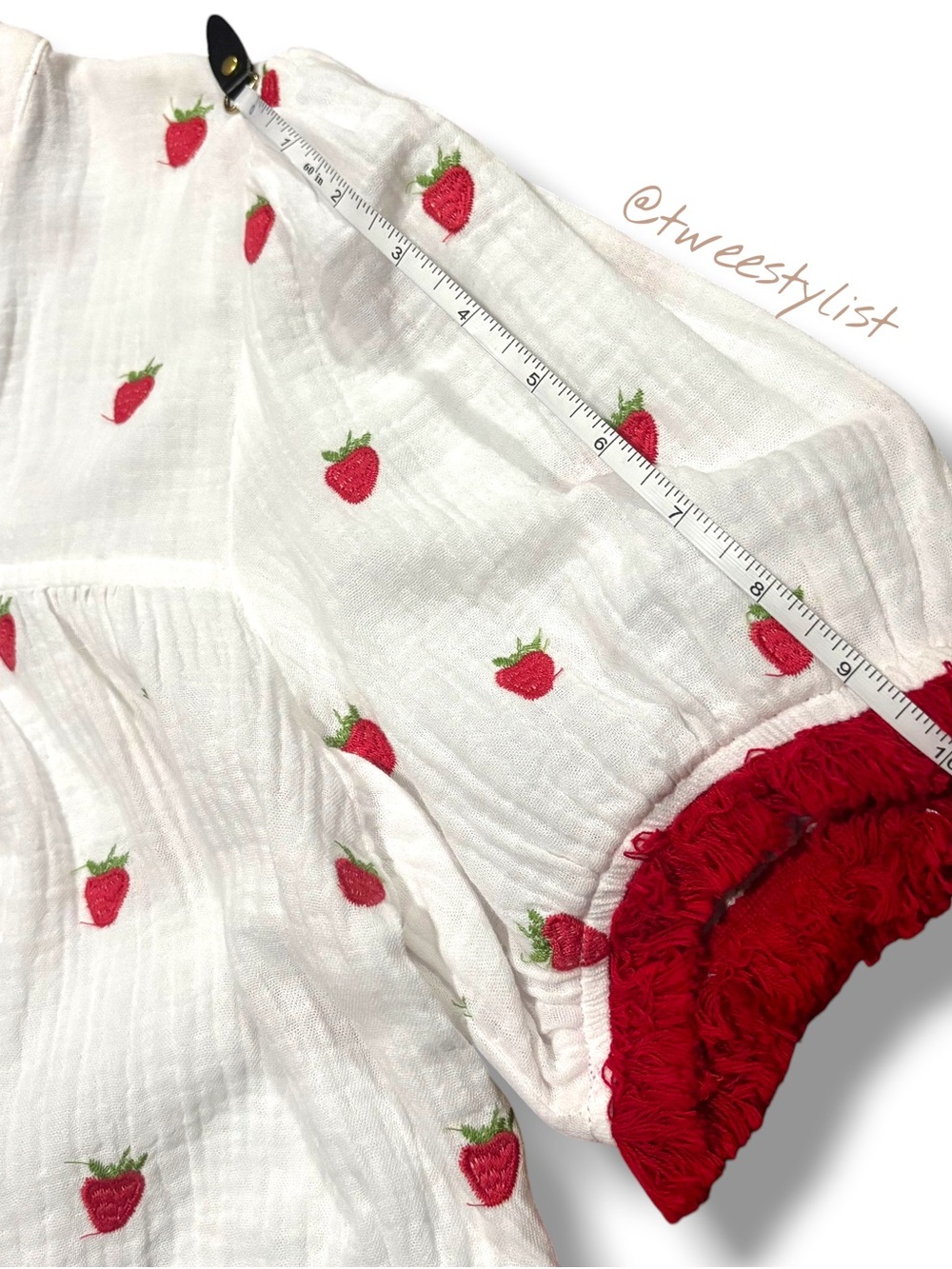 VOY Strawberry Embroidered Gauze Top Ivory Red Tassel Large - Picture 10 of 11